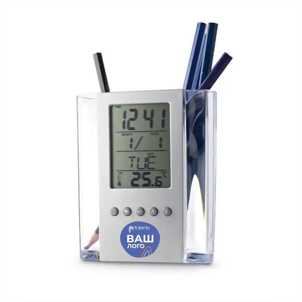 Подставка настольная с будильником, термометром, календарем с вашим лого